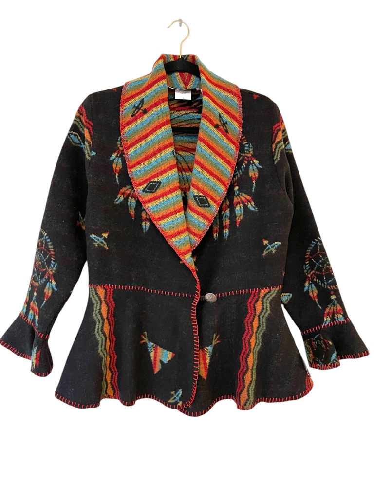 New Rhonda Stark Blanket Jacket Flounce Peplum Wool Blend M Southwestern Rodeo